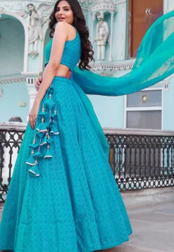 Embroidered Velvet Lehenga in Turquoise
