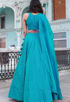 Embroidered Velvet Lehenga in Turquoise