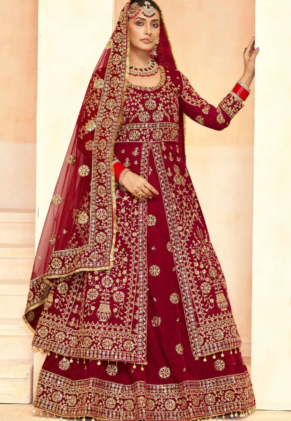 Embroidered Velvet Lehenga in Maroon