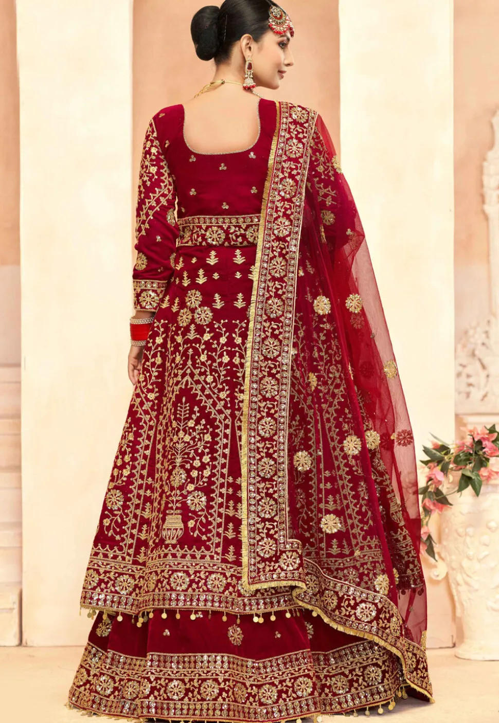 Embroidered Velvet Lehenga in Maroon