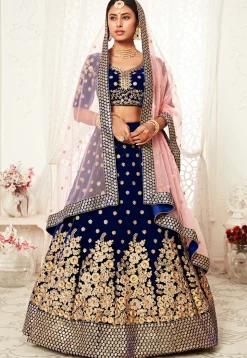 Embroidered Velvet Lehenga in Navy Blue