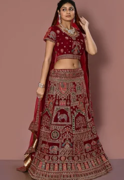 Embroidered Velvet Lehenga in Maroon