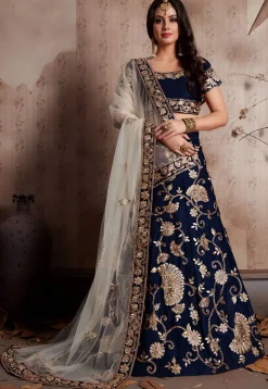 Embroidered Velvet Lehenga in Navy Blue