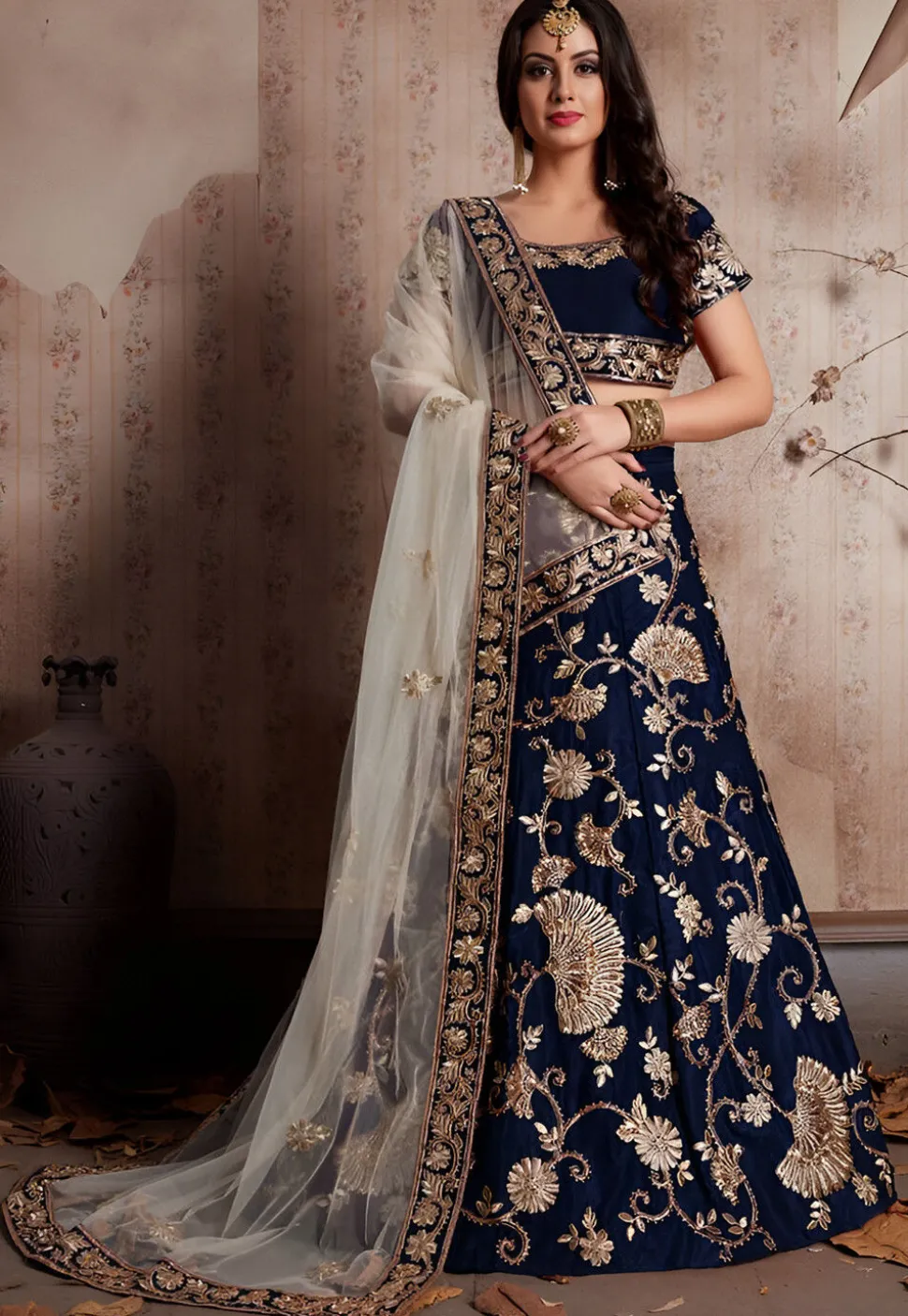 Embroidered Velvet Lehenga in Navy Blue
