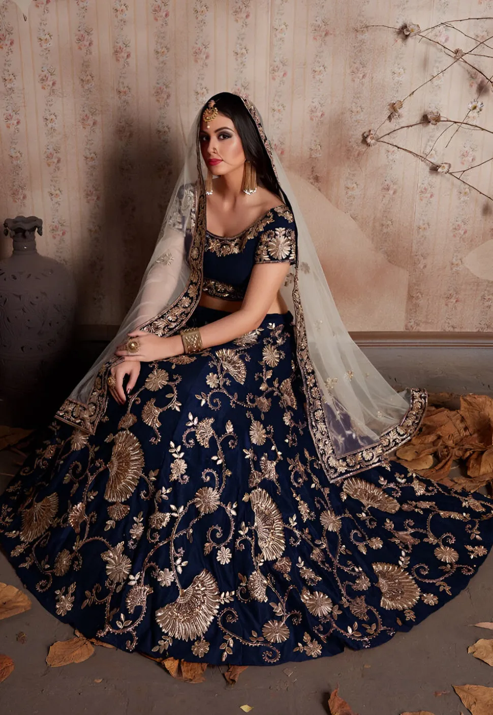 Embroidered Velvet Lehenga in Navy Blue