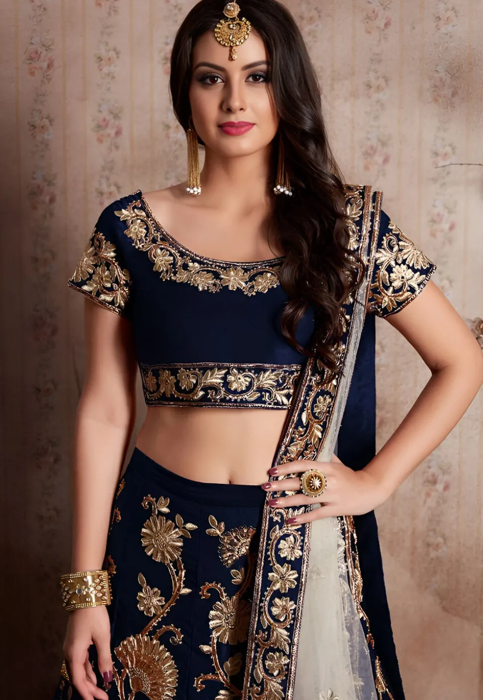 Embroidered Velvet Lehenga in Navy Blue