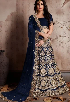 Embroidered Velvet Lehenga in Navy Blue
