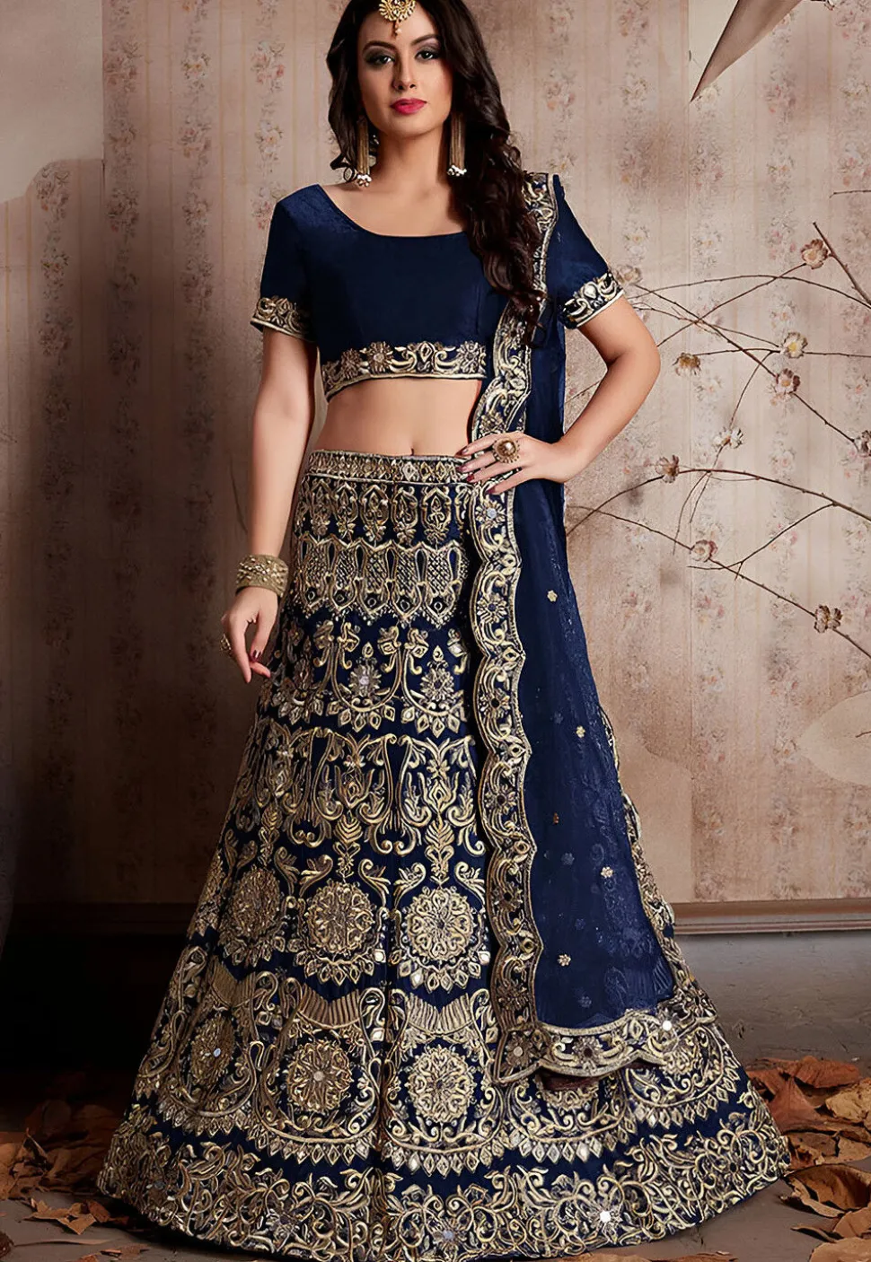 Embroidered Velvet Lehenga in Navy Blue