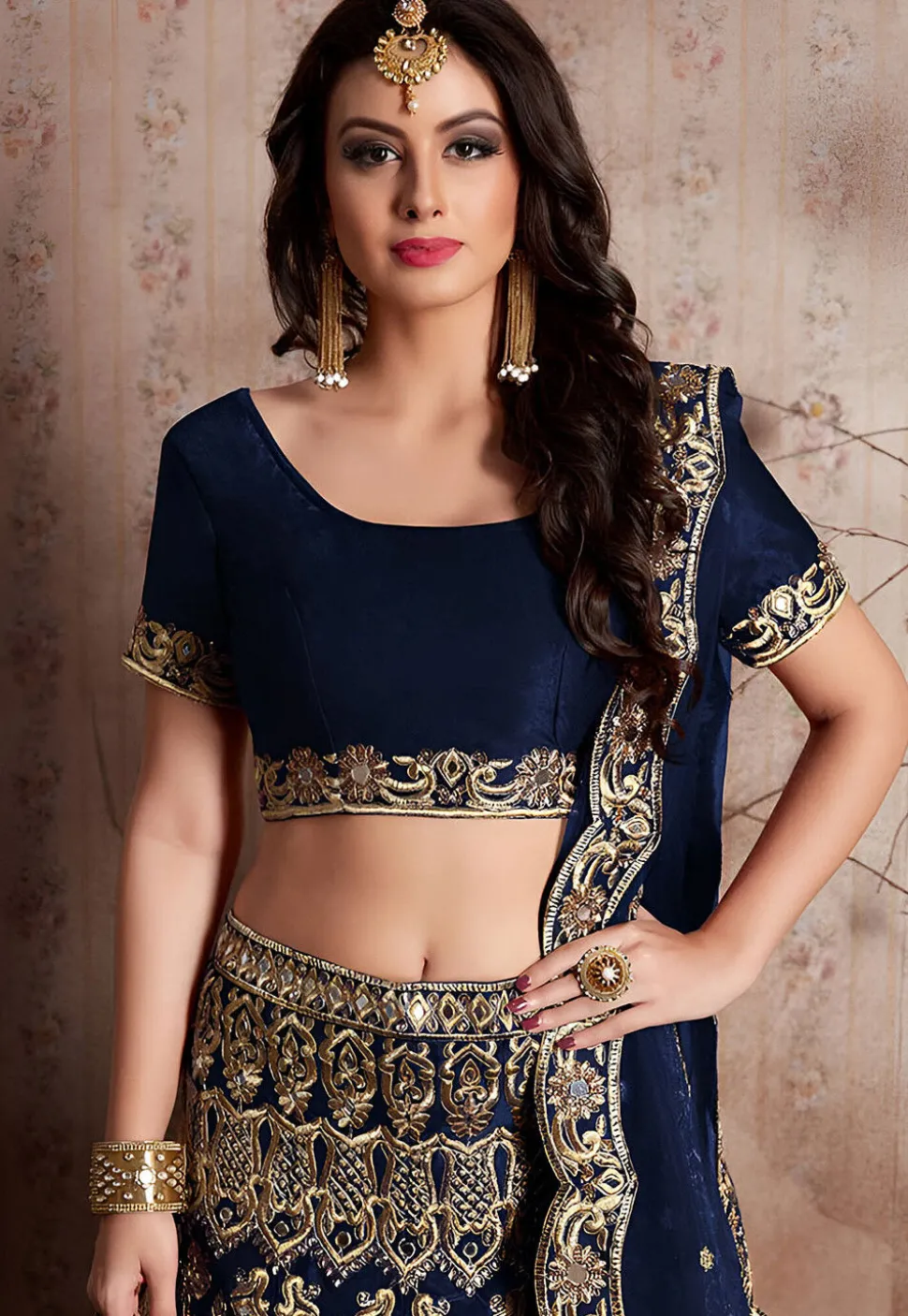 Embroidered Velvet Lehenga in Navy Blue
