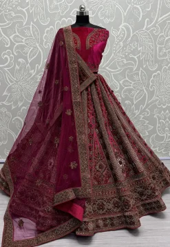 Embroidered Velvet Lehenga in Fuchsia