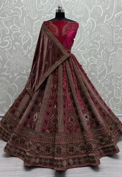 Embroidered Velvet Lehenga in Fuchsia