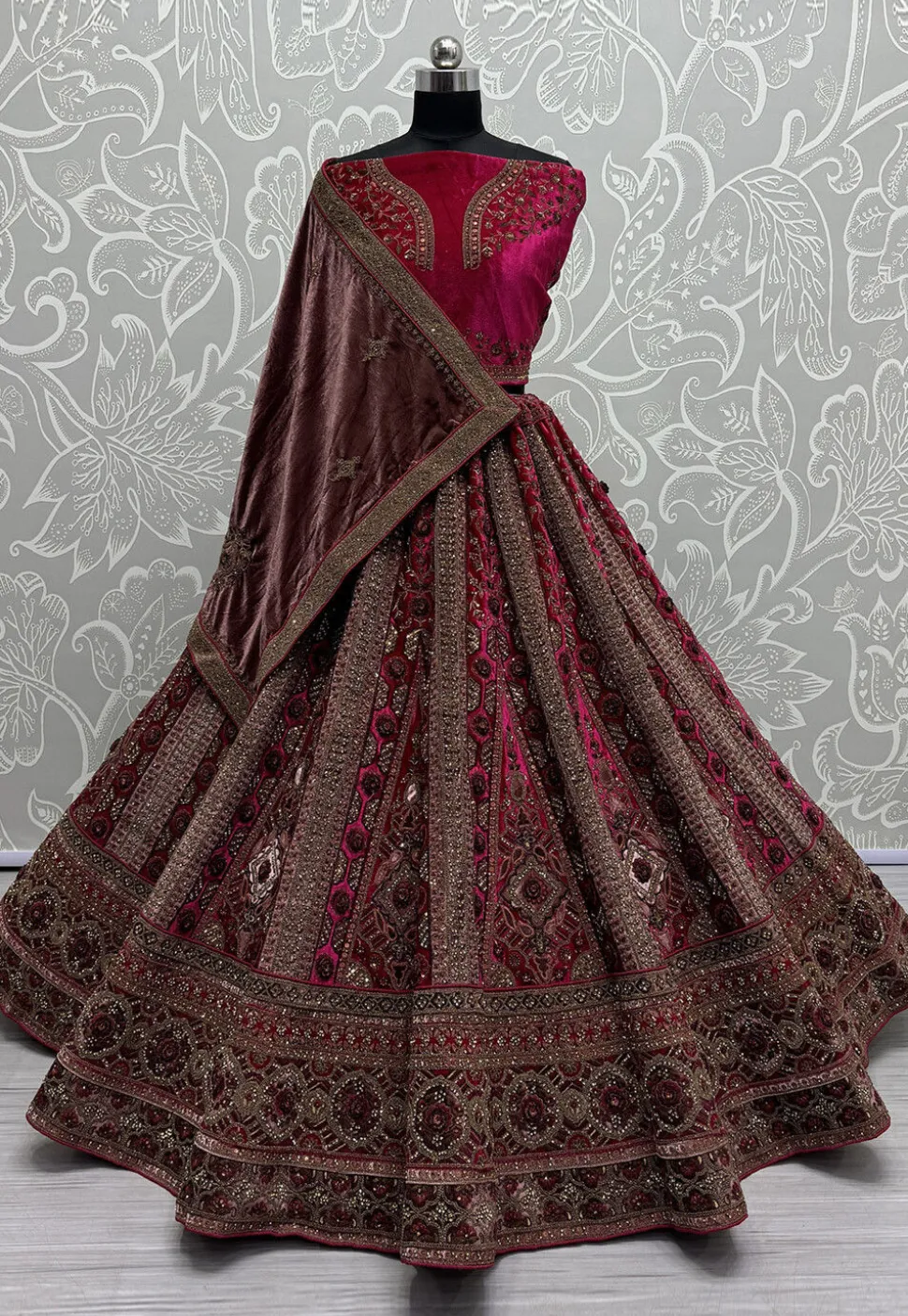 Embroidered Velvet Lehenga in Fuchsia