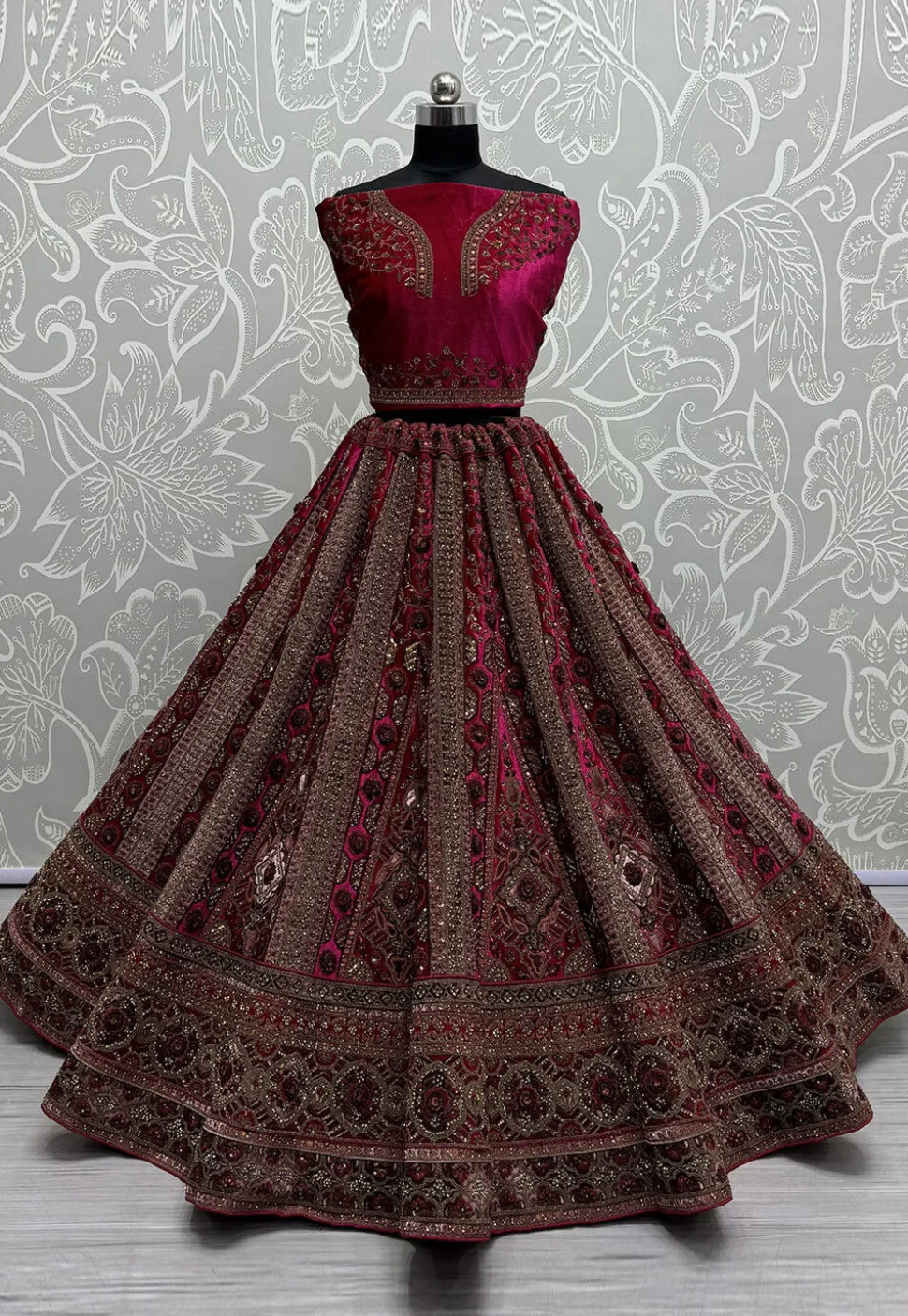 Embroidered Velvet Lehenga in Fuchsia