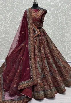 Embroidered Velvet Lehenga in Maroon