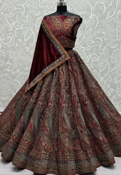 Embroidered Velvet Lehenga in Maroon
