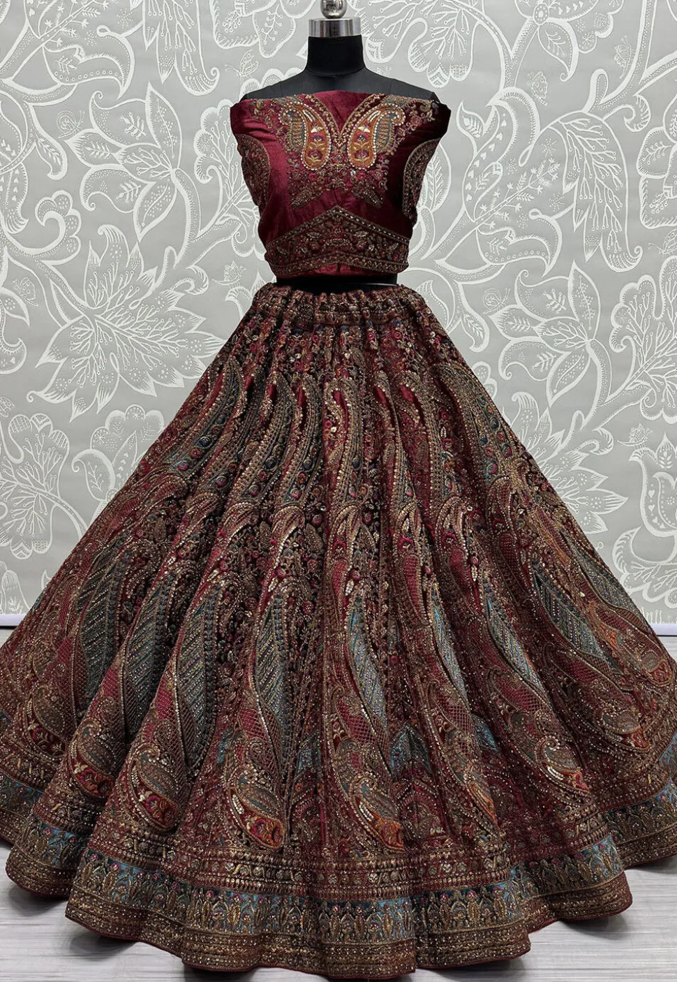 Embroidered Velvet Lehenga in Maroon