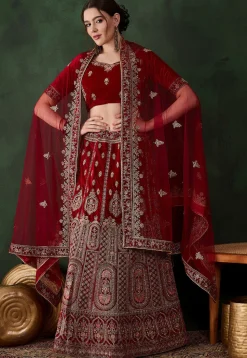 Embroidered Velvet Lehenga in Maroon