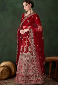 Embroidered Velvet Lehenga in Maroon