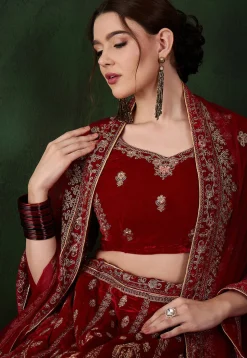 Embroidered Velvet Lehenga in Maroon