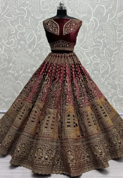 Embroidered Velvet Lehenga in Magenta