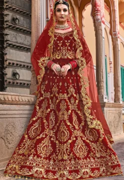 Embroidered Velvet Lehenga in Maroon
