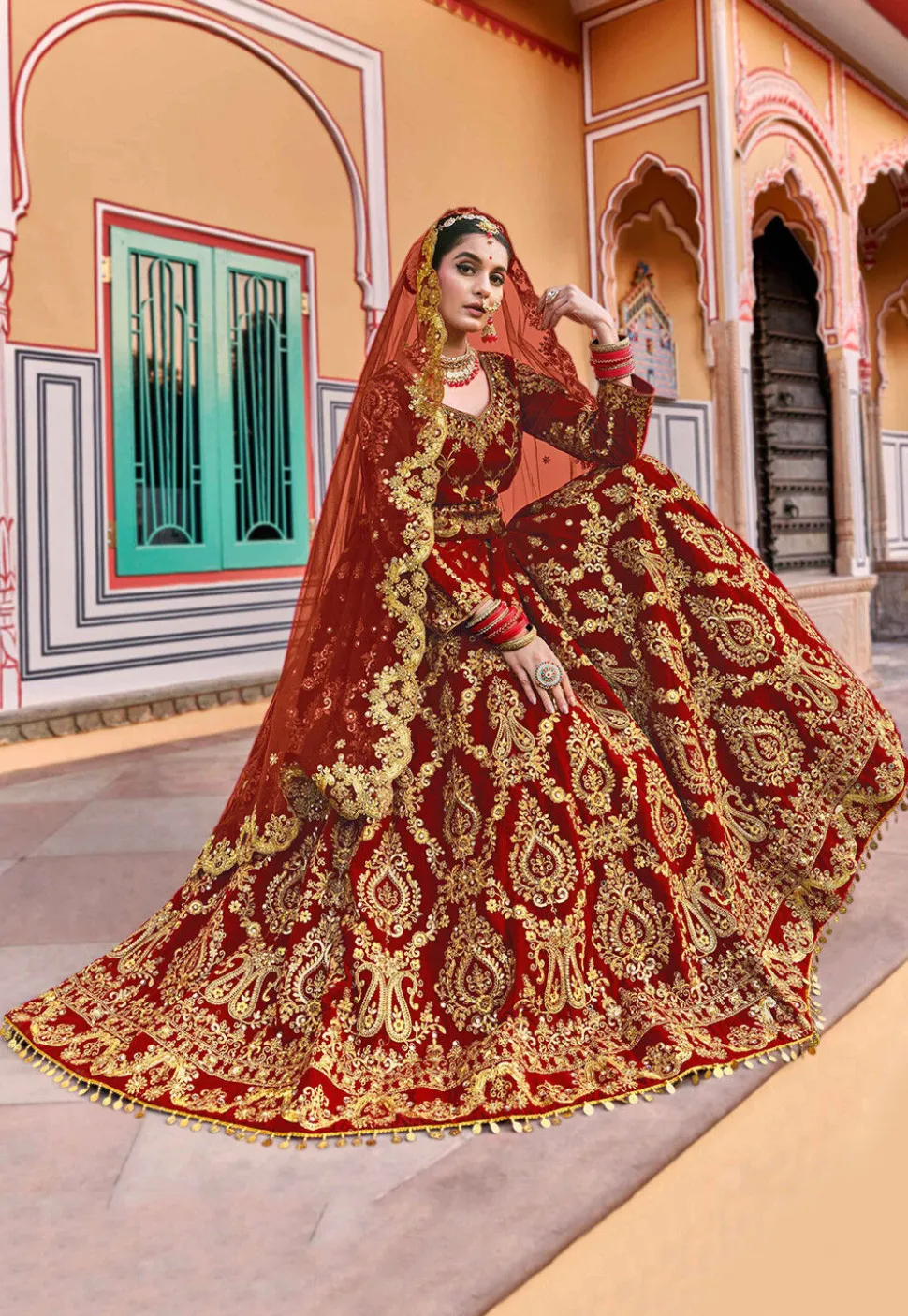 Embroidered Velvet Lehenga in Maroon