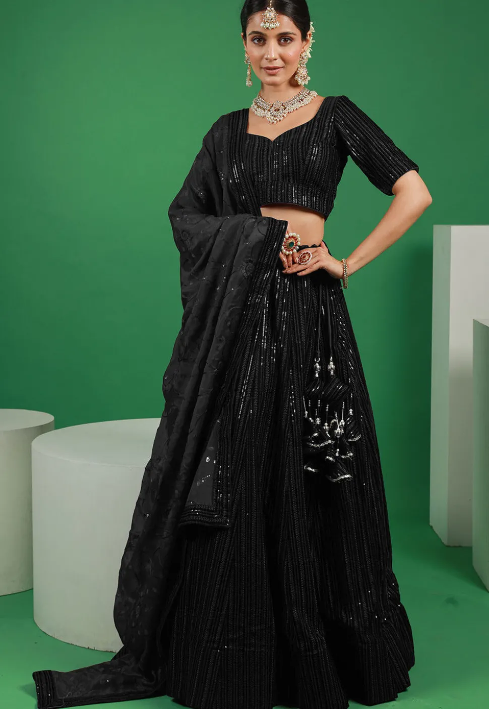 Embroidered Velvet Lehenga in Black