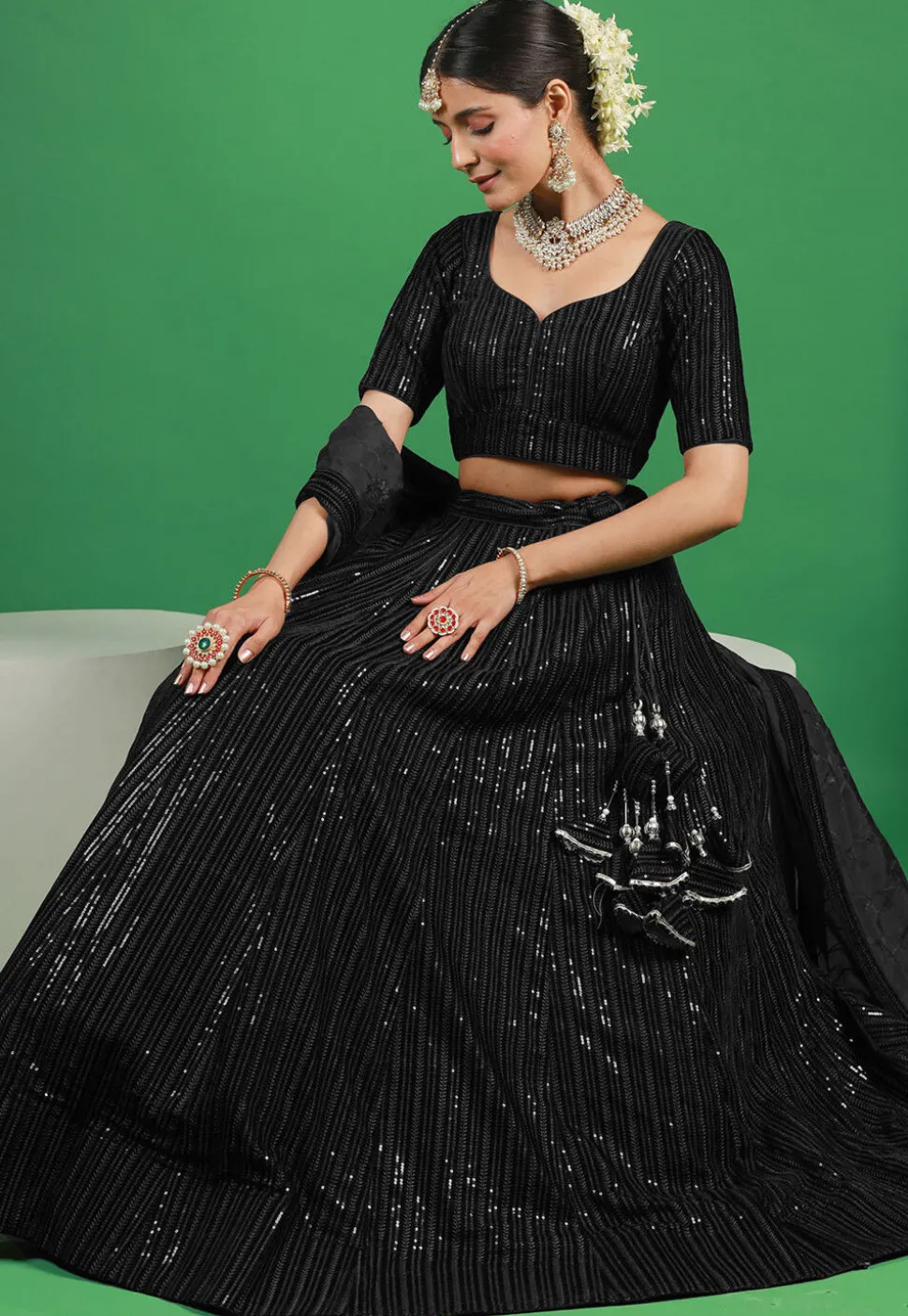 Embroidered Velvet Lehenga in Black