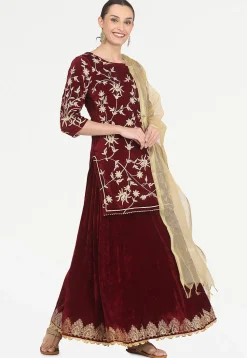 Embroidered Velvet Lehenga in Maroon