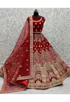 Embroidered Velvet Lehenga in Red