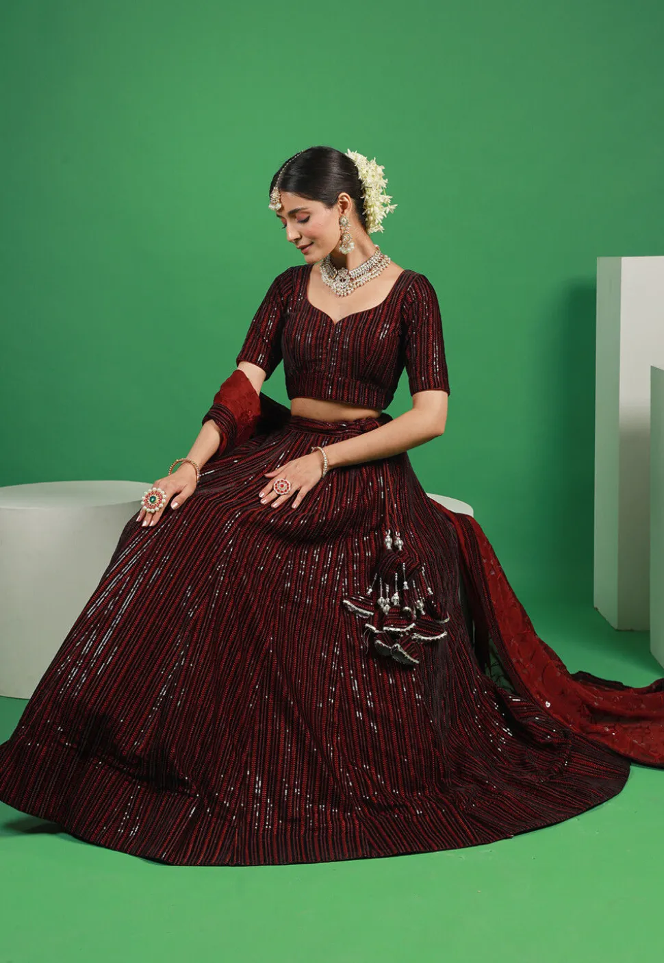 Embroidered Velvet Lehenga in Maroon