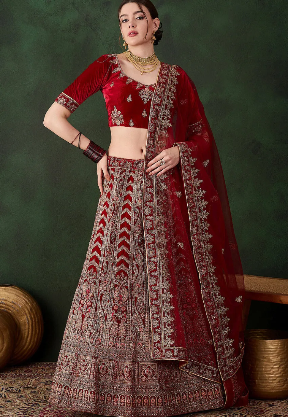 Embroidered Velvet Lehenga in Maroon