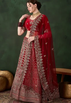Embroidered Velvet Lehenga in Maroon