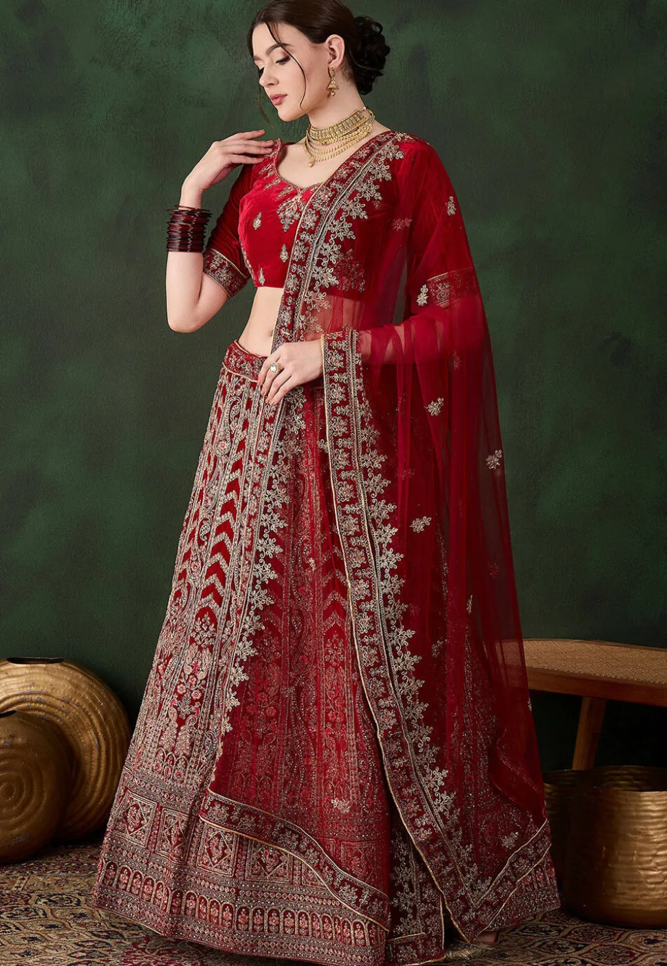 Embroidered Velvet Lehenga in Maroon