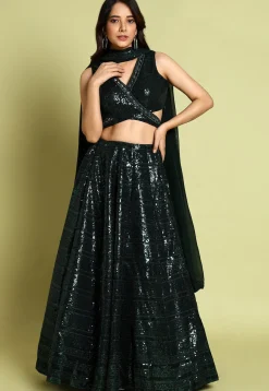 Embroidered Velvet Lehenga in Dark Green