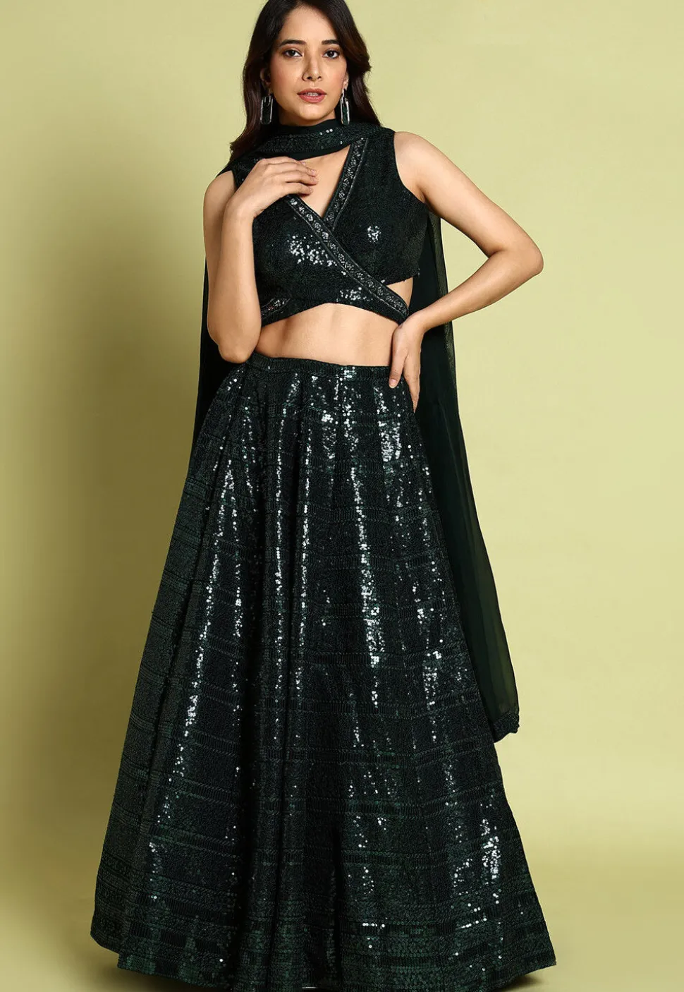 Embroidered Velvet Lehenga in Dark Green