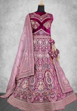 Embroidered Velvet Lehenga in Purple