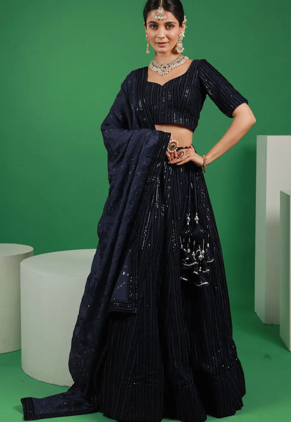 Embroidered Velvet Lehenga in Navy Blue