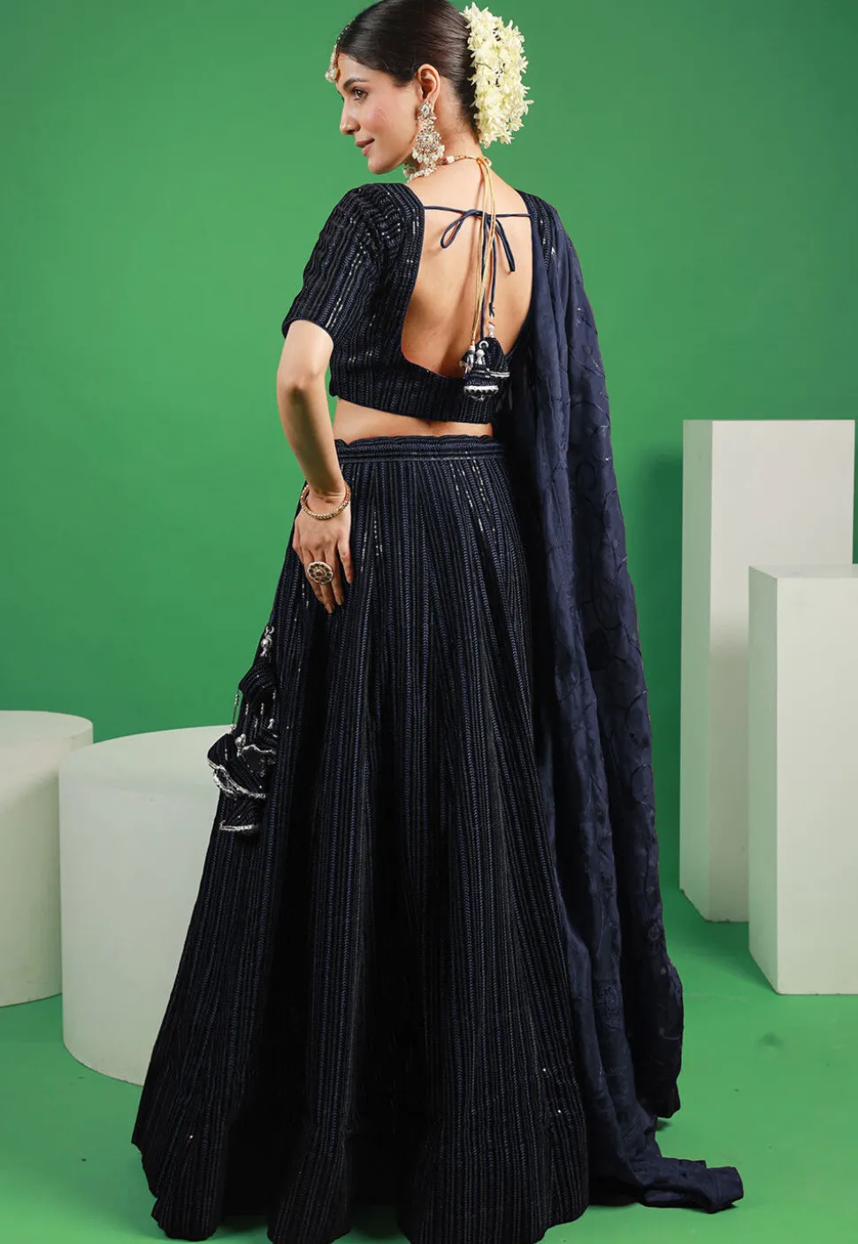 Embroidered Velvet Lehenga in Navy Blue