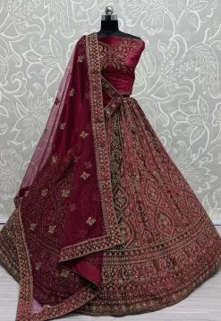 Embroidered Velvet Lehenga in Fuchsia