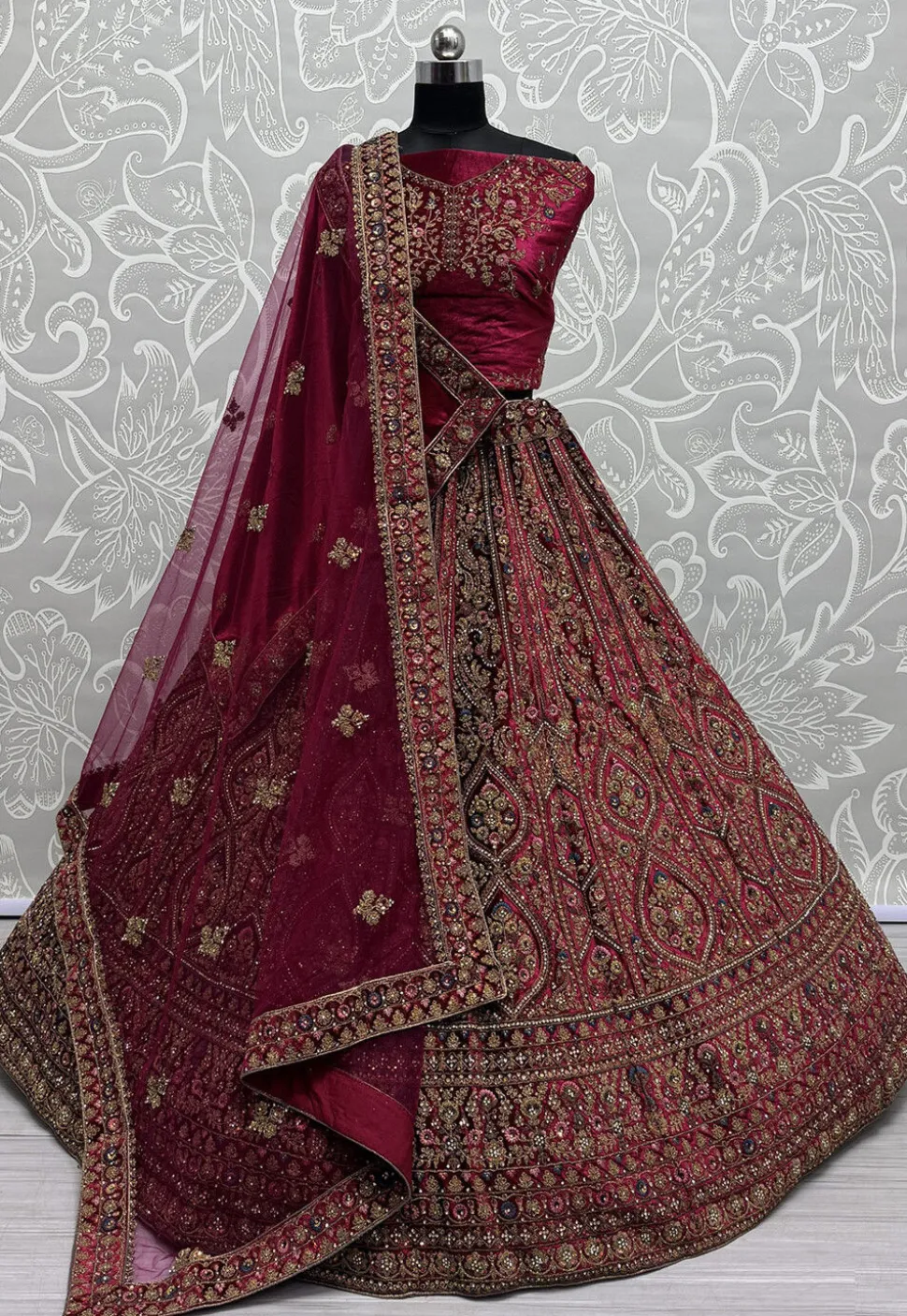 Embroidered Velvet Lehenga in Fuchsia