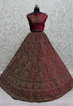 Embroidered Velvet Lehenga in Fuchsia