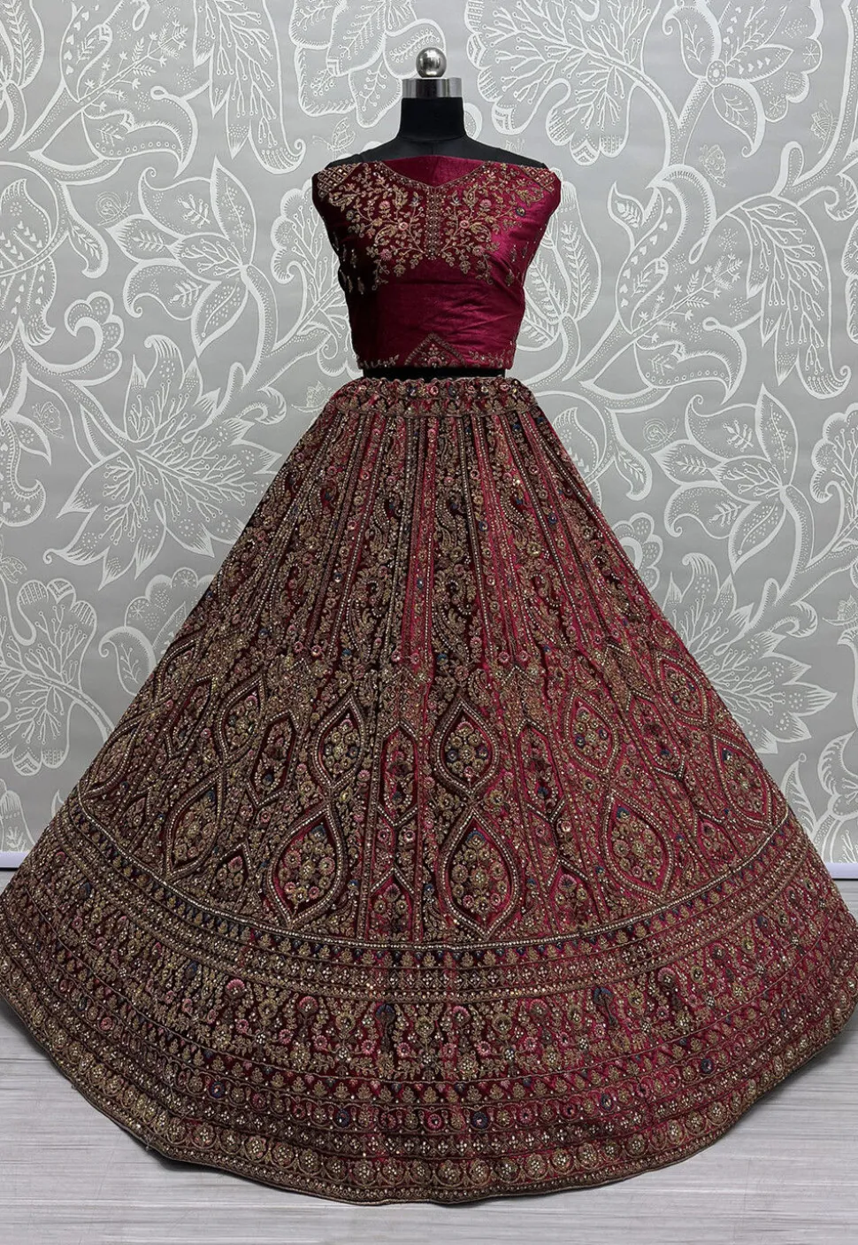 Embroidered Velvet Lehenga in Fuchsia