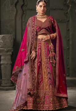 Embroidered Velvet Lehenga in Maroon and Pink