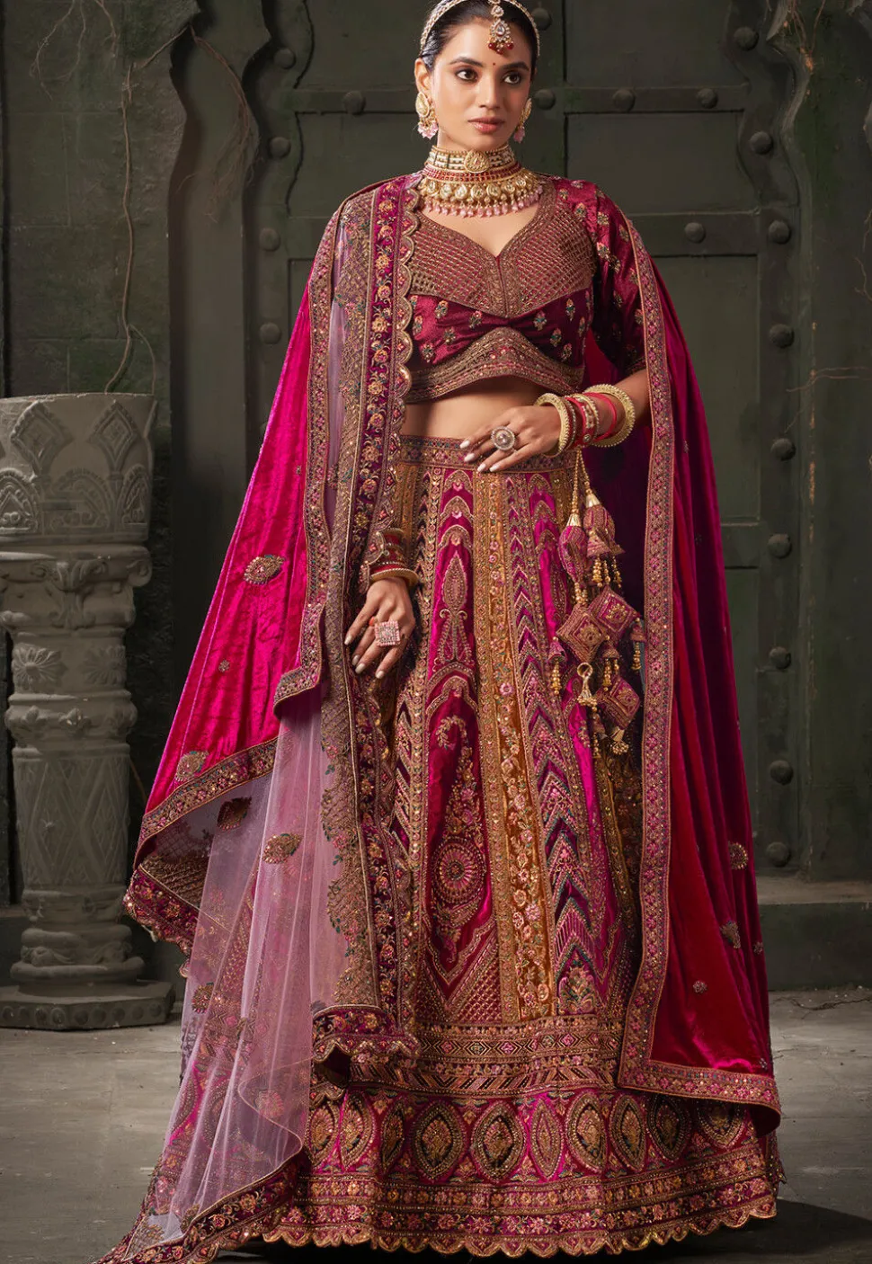 Embroidered Velvet Lehenga in Maroon and Pink
