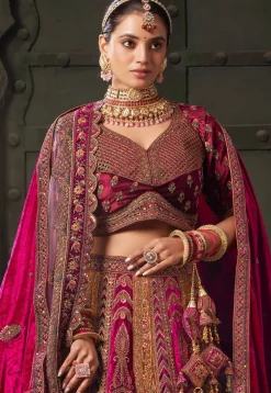 Embroidered Velvet Lehenga in Maroon and Pink