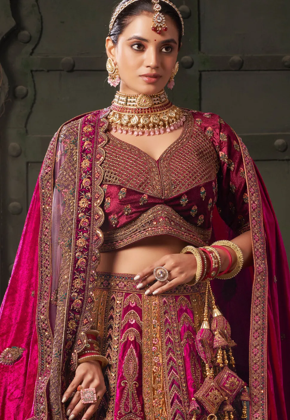 Embroidered Velvet Lehenga in Maroon and Pink