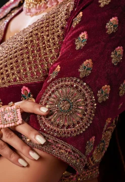 Embroidered Velvet Lehenga in Maroon and Pink