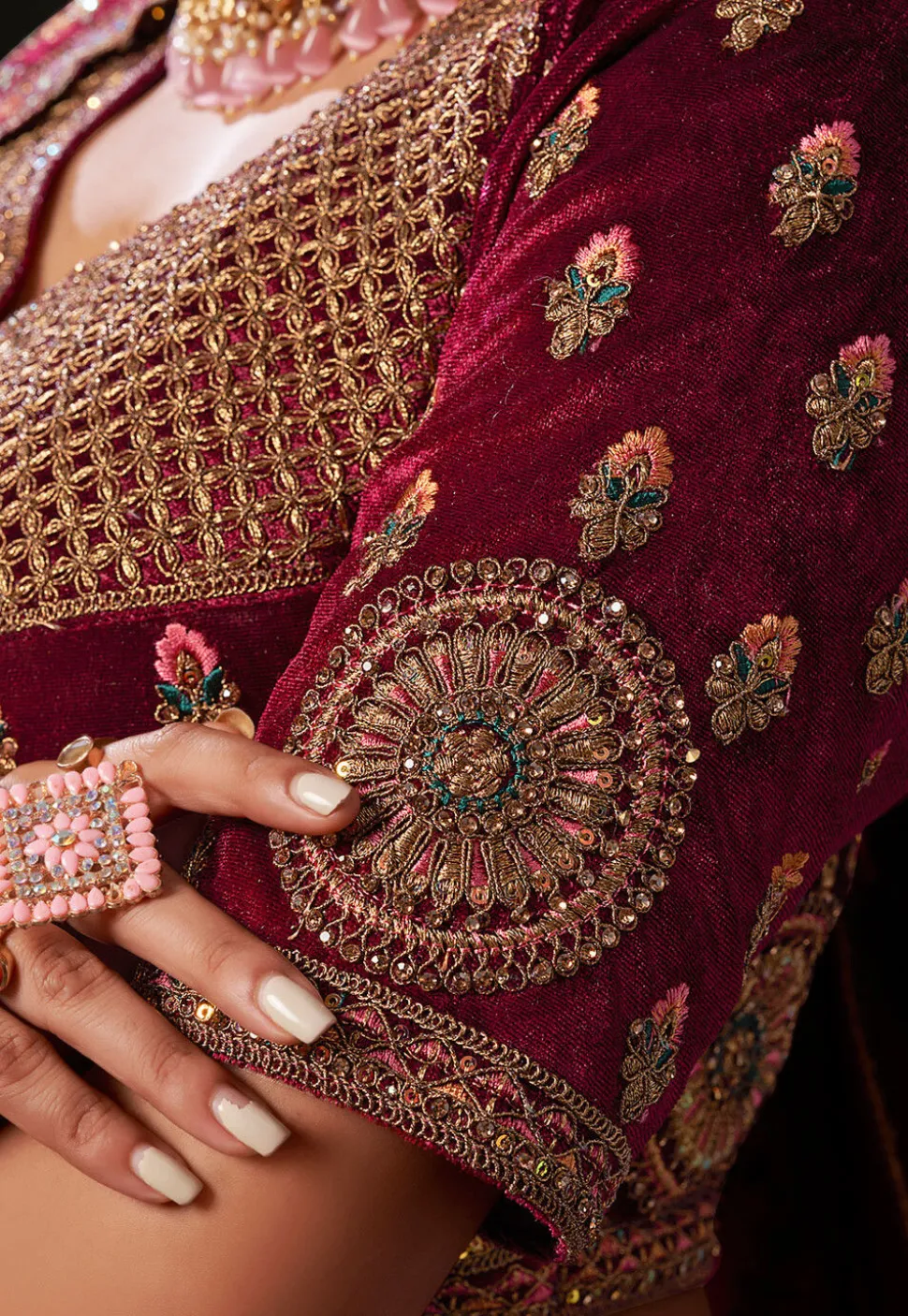 Embroidered Velvet Lehenga in Maroon and Pink