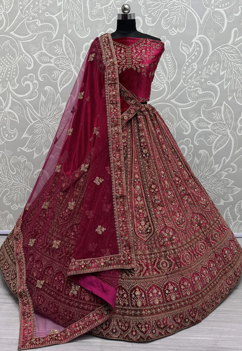 Embroidered Velvet Lehenga in Fuchsia